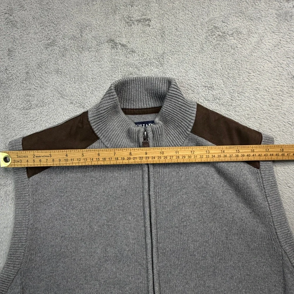 Chaps Mens Gray Full Zip Cotton Sweater Vest Mock Neck Suede Trim Large EUC!